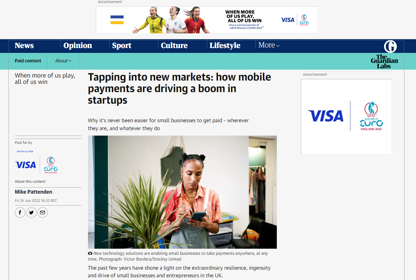 Screenshot of a sponsored article by the Guardian titledTapping into new markets: how mobile payments are driving a boom in startups