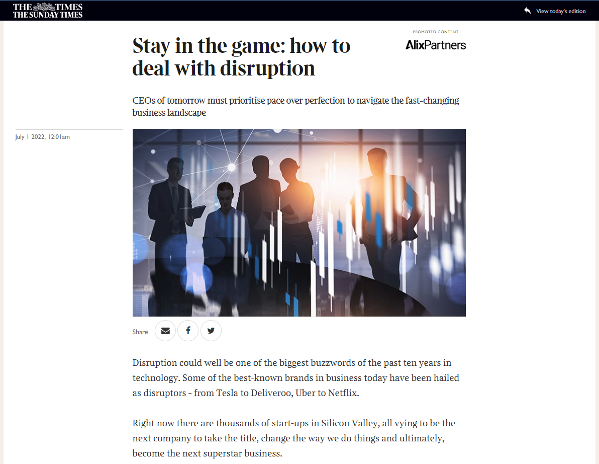 Example of a sponsored article in The Times, titled Stay in the game: how to deal with disruption