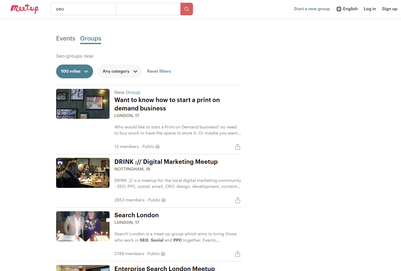 Screenshot of the Meetup website
