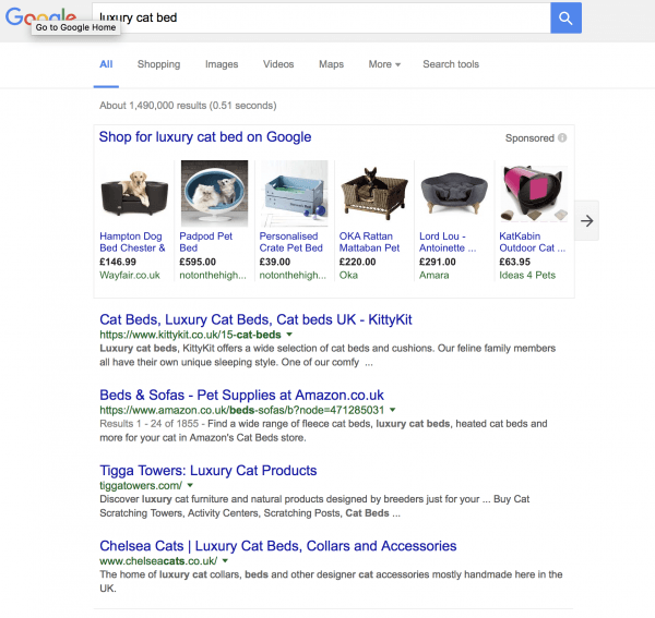 Google search results for luxury cat bed. Listen to our podcast on Facebook retargeting