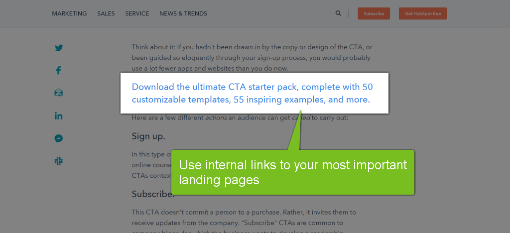 Screenshot of internal links in a blog post to a landing page