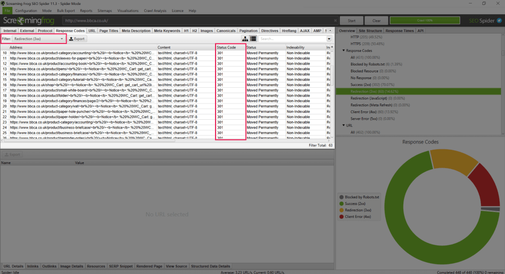 Screenshot of Screaming Frog's 301 Redirection report
