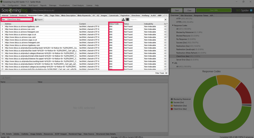 Screenshot of Screaming Frog's 404 report