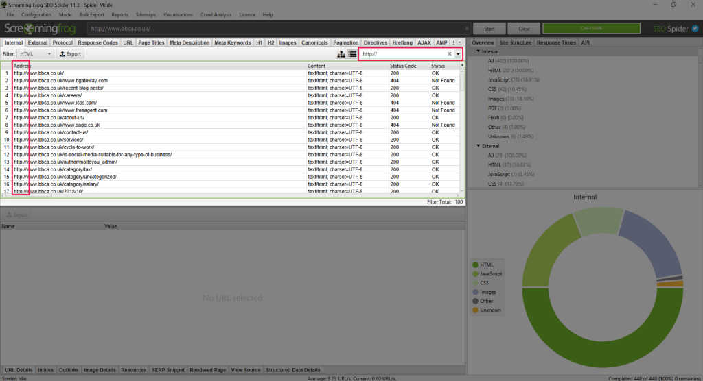 Screenshot of HTTP URLs in Screaming Frog