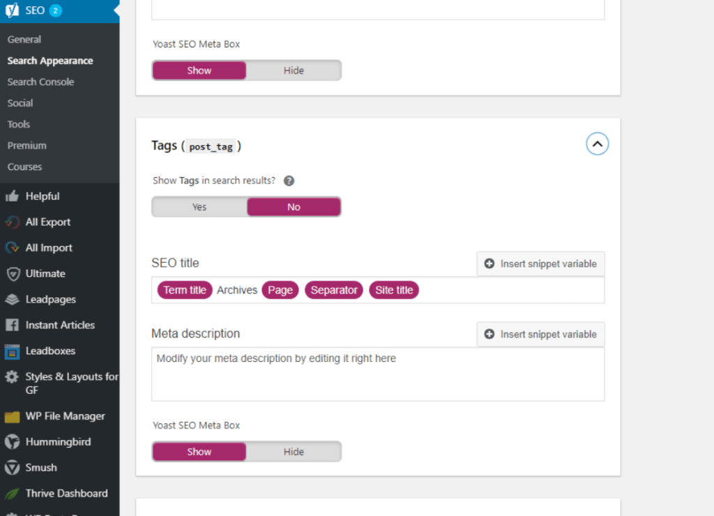 Screenshot of Yoast Archive Options Menu