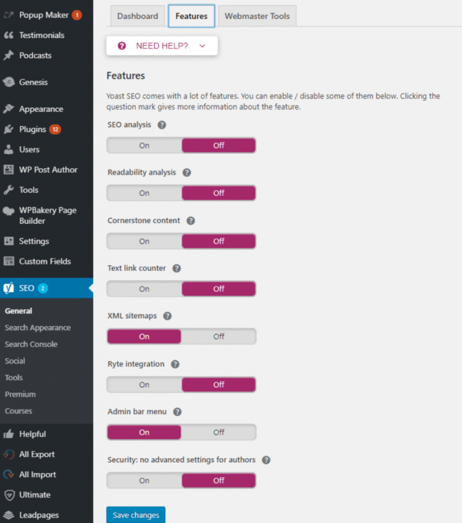 Screenshot of the Yoast XML sitemap settings menu