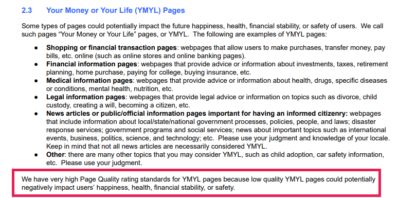 Your Money or Your Life acronym explained in Google's Search Quality Evaluator Guidelines