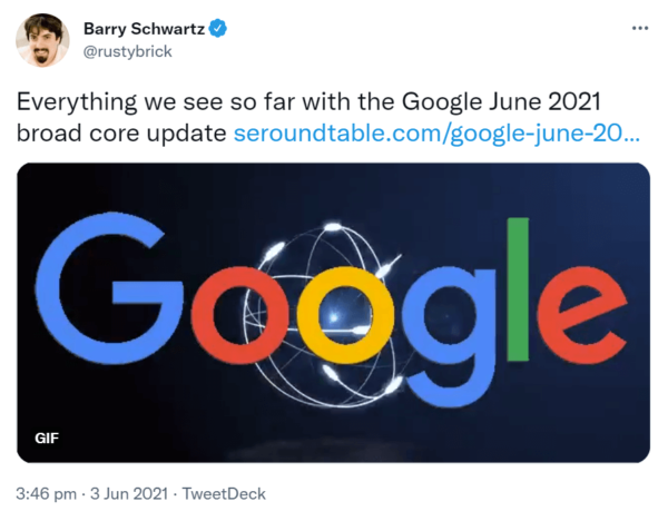 Screenshot of a Barry Schwartz tweet about Google's June 2021 broad core update