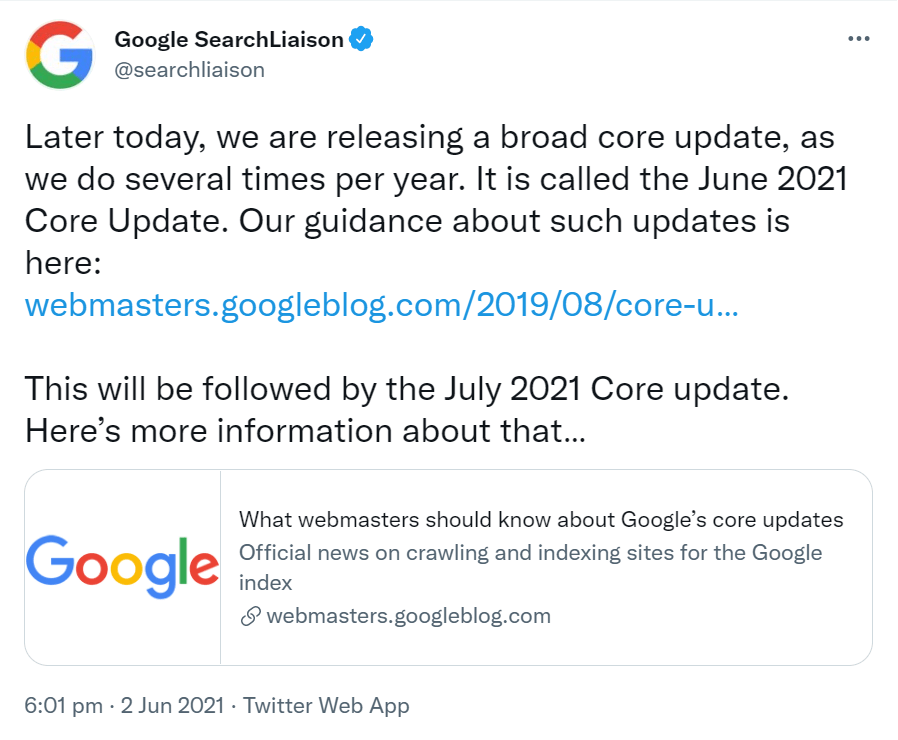 Screenshot of an announcement of a broad core update by Twitter on Google