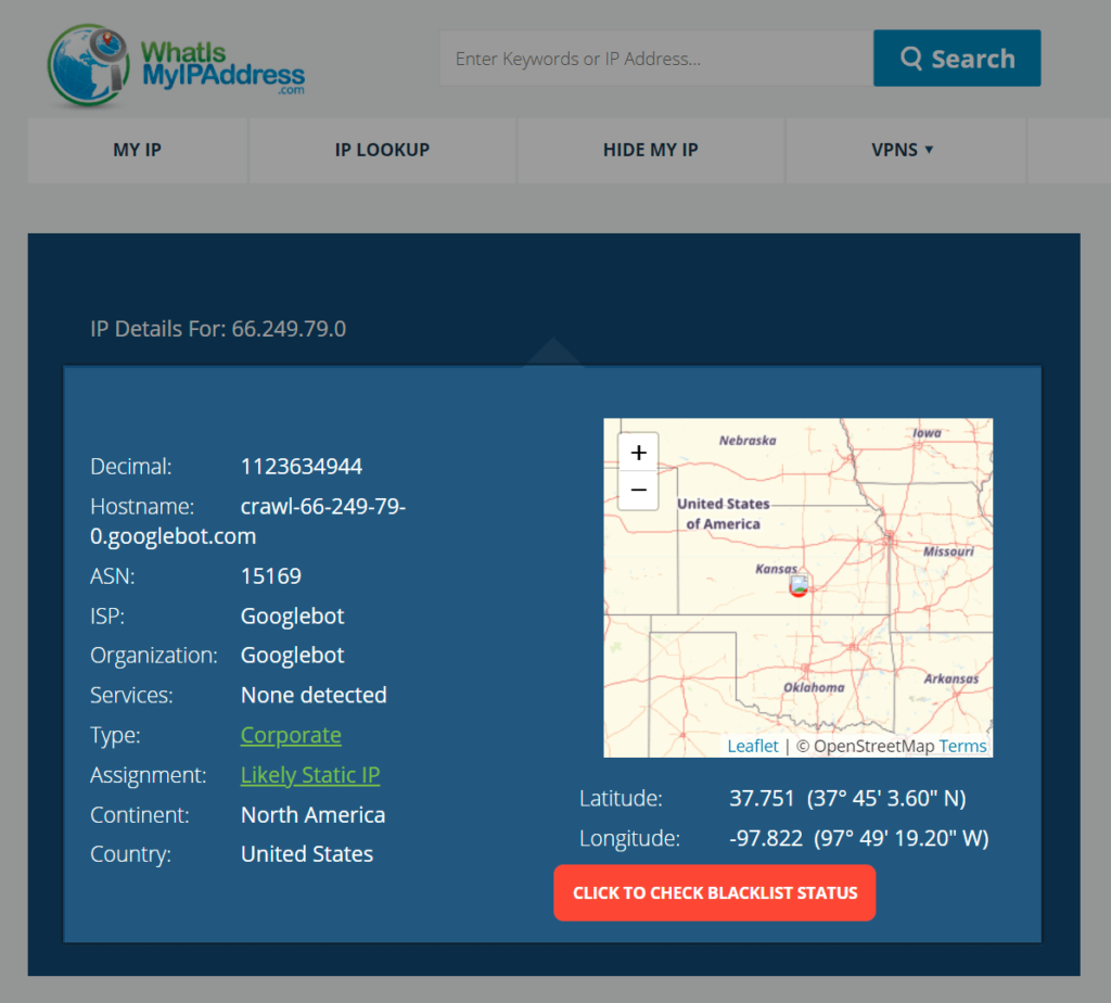 Screenshot of Googlebot's IP location