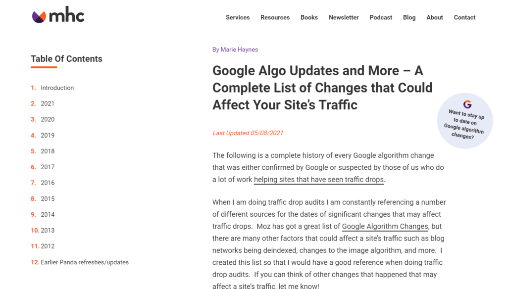 Screenshot of Marie Haynes Consulting's google algorithm update history tracker