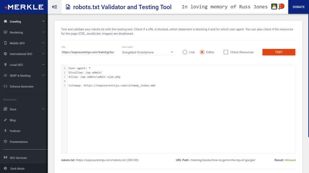 Screenshot of Merkle's robots.txt validator and testing tool