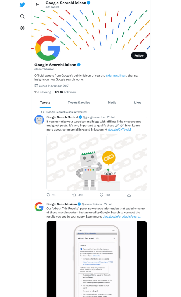 Screenshot of Google's Search Liaison's Twitter account