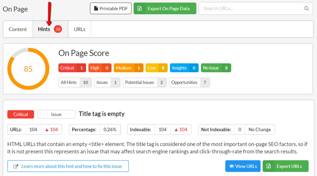 Screenshot of Sitebulb's interface with the Hints tab highlighted