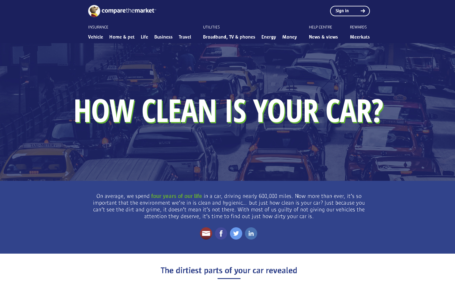 Screenshot of Compare the Market' 'How Clean is Your Car?' campaign