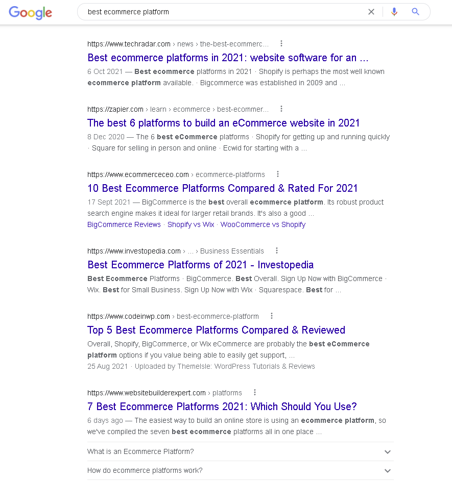 Image showing the Google search for 'best ecommerce platform'