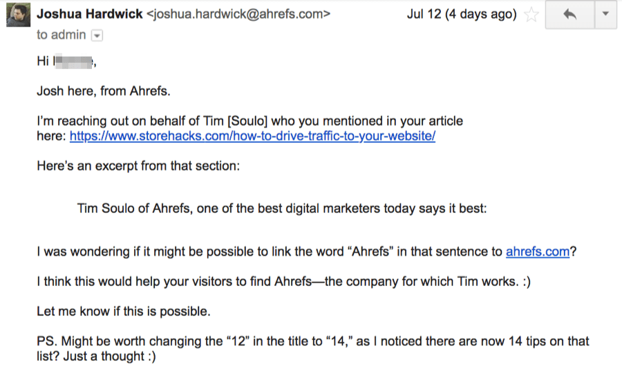 Example outreach email from Ahrefs