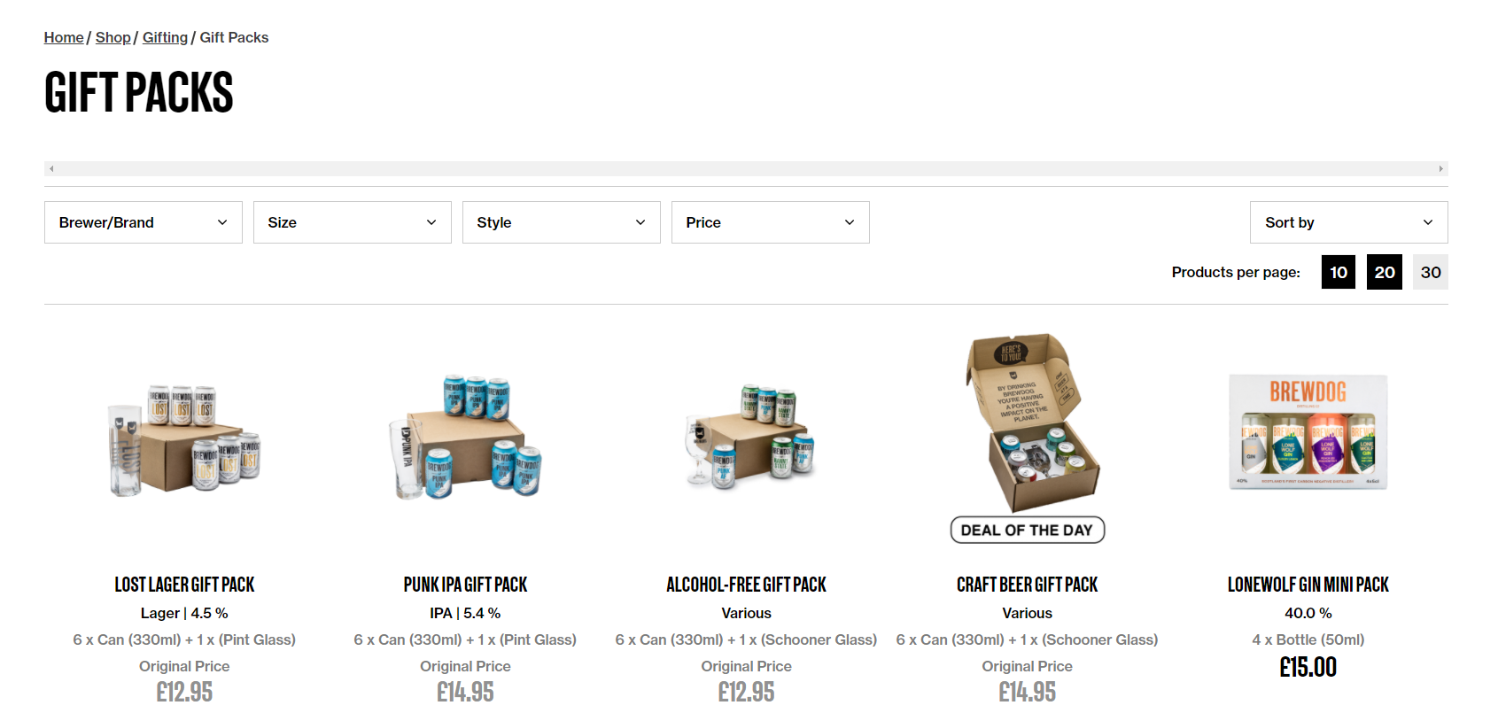 Screenshot of the BrewDog gift packs page