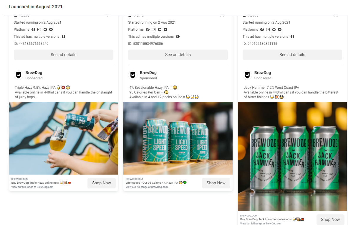 Screenshot of three BrewDog Facebook ads
