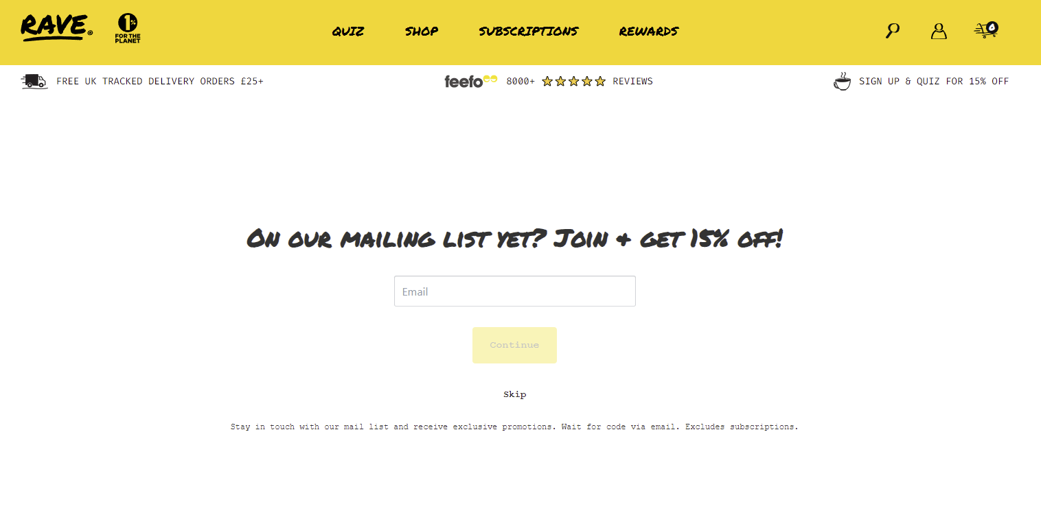 Rave Coffee Quiz screenshot - skip the newsletter signup 
