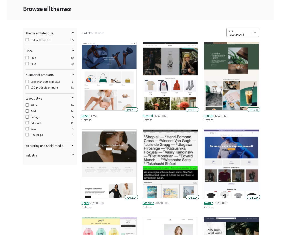 Screenshot of the Shopify theme store