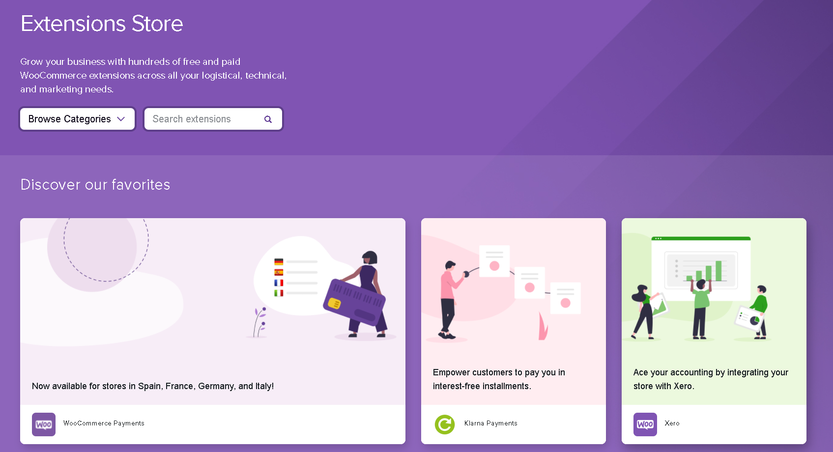 Screenshot of the WooCommerce Extensions store