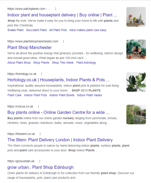 Example search for 'Plant Shop'