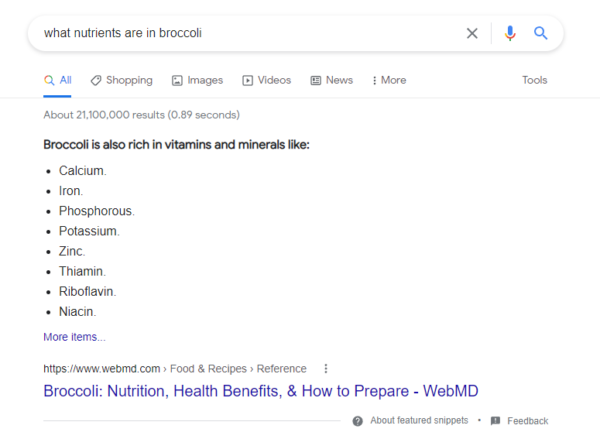 Example of a featured snippet on Google