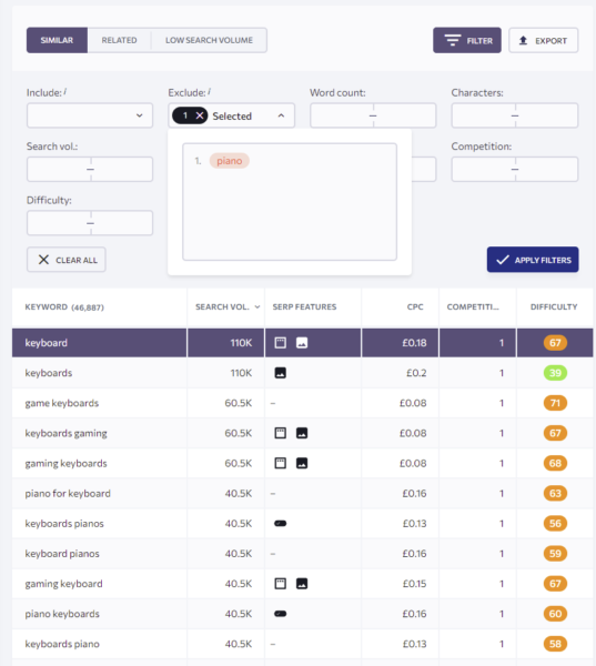 Screenshot of keyword research in SE Ranking and how to exclude keywords