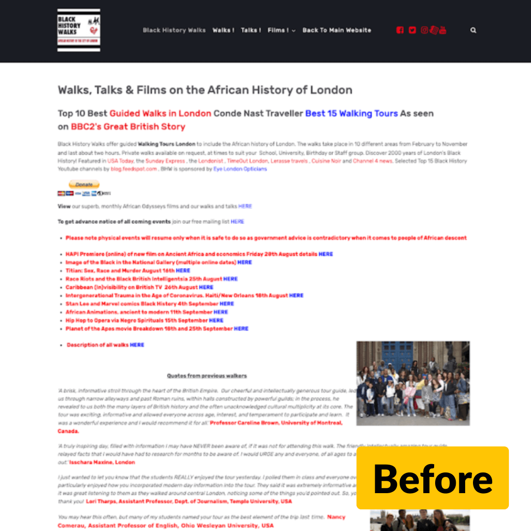 Screenshot of the Black History Walks website before the redesign.