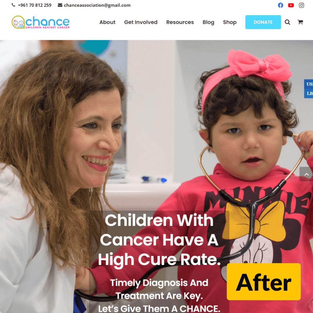 Screenshot of the CHANCE children's charity website after the redesign.