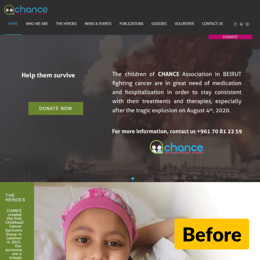 Screenshot of the CHANCE children's charity website before the redesign.
