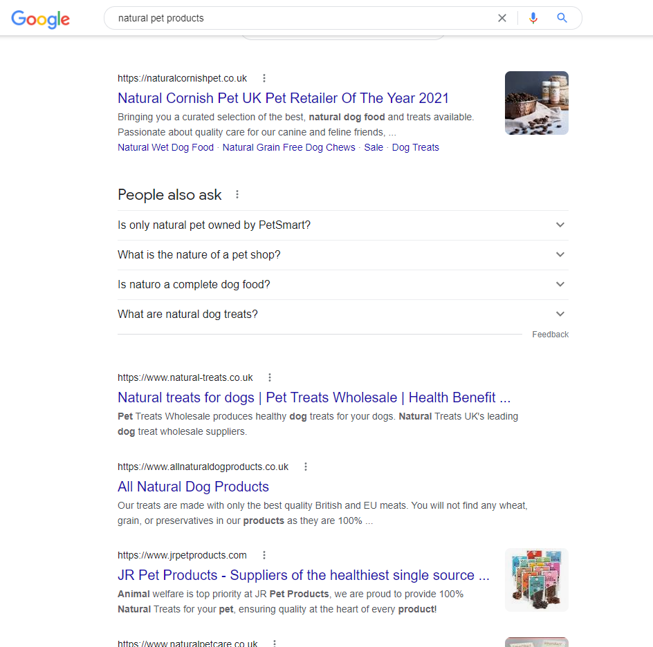 Screenshot of Google search results for “natural pet products”