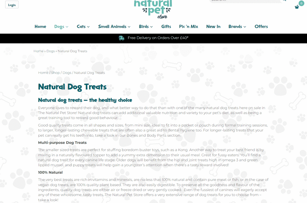 The “Natural Dog Treats” page is ranking top for the search "natural dog treats"