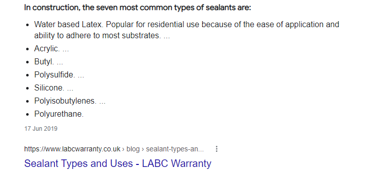 A screenshot of the featured snippet for "types of sealant"