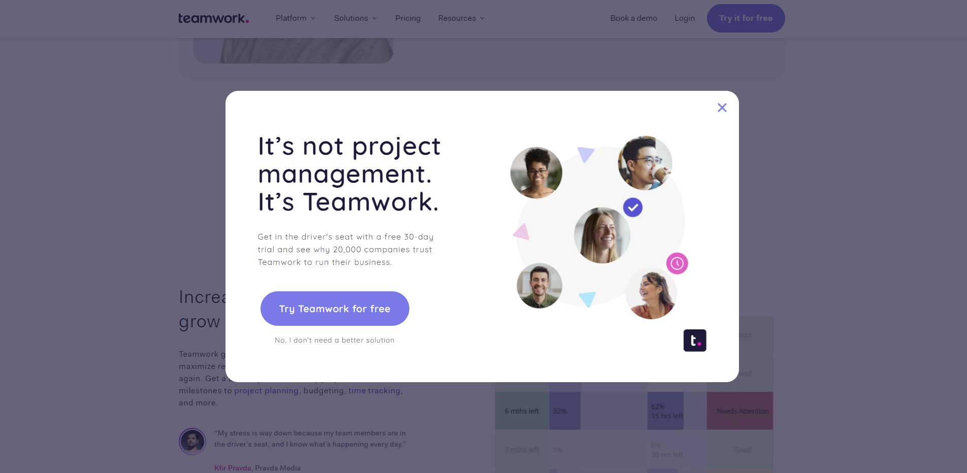 Screenshot of Teamwork's Exit Popup