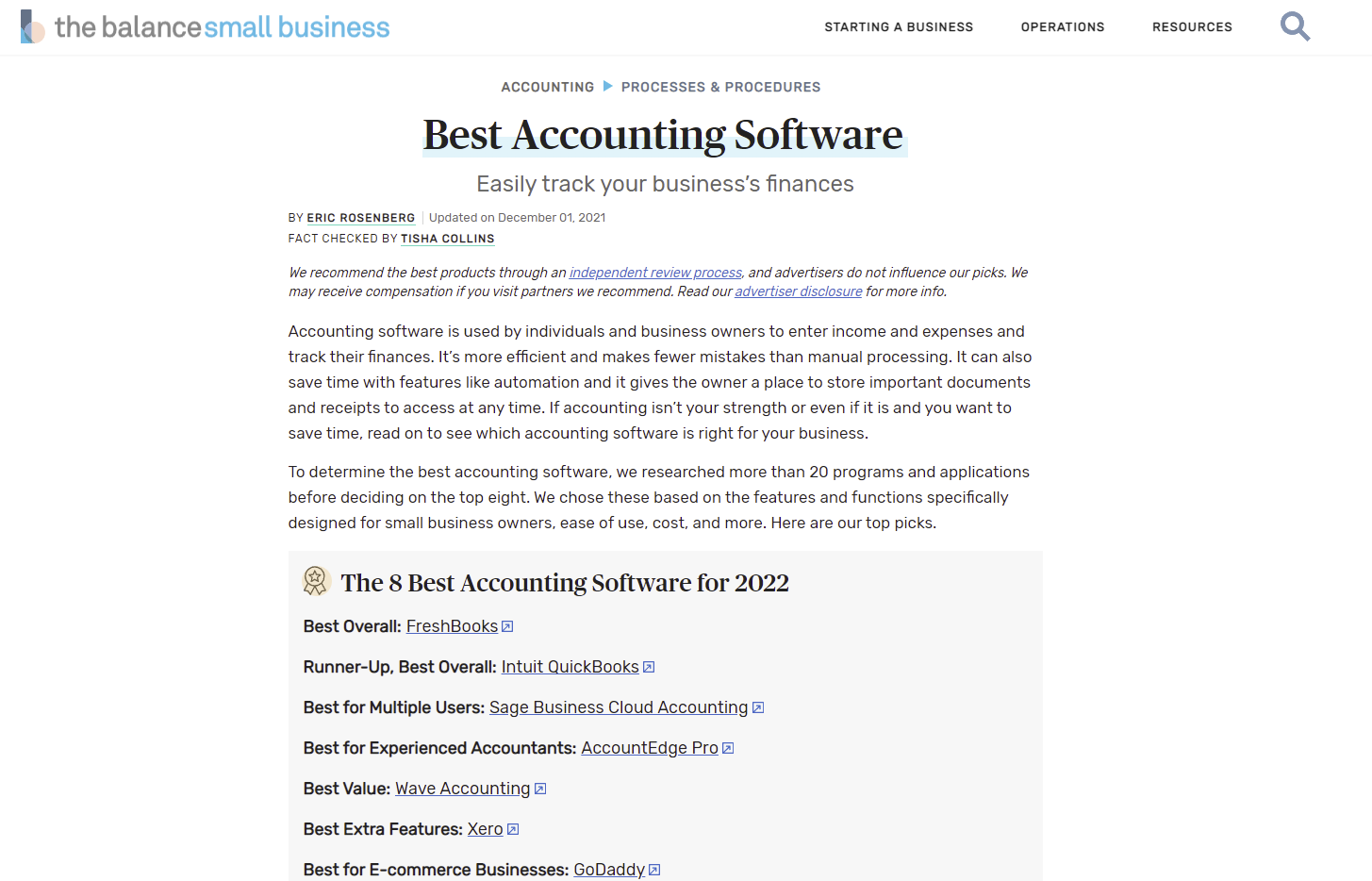 Screenshot of a “Best Accounting Software” article by The Balance Small Business