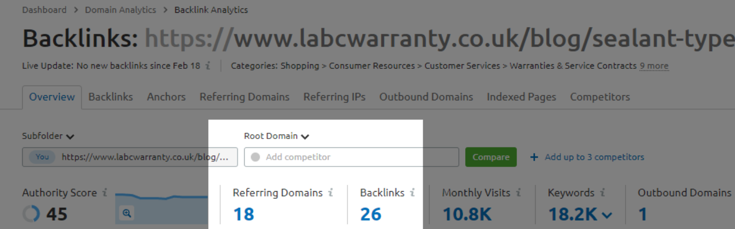 Screenshot of the backlink tool in Semrush