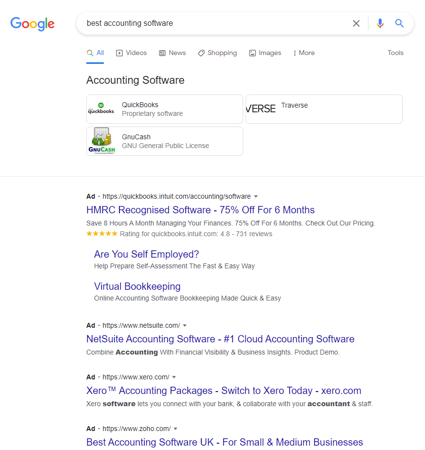Screenshot of Google Ads for Best Accounting Software