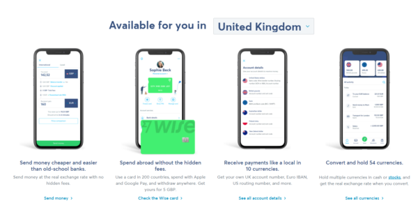 Screenshot of Wise's services