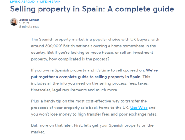 Screenshot of a call to action in a Wise blog