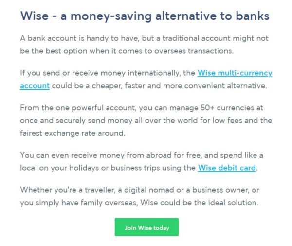 Screenshot of a Wise call to action