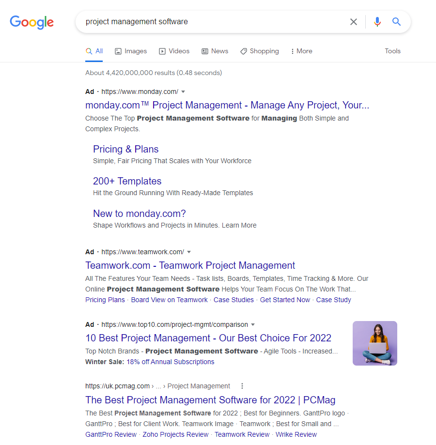 Screenshot of search results for project management software