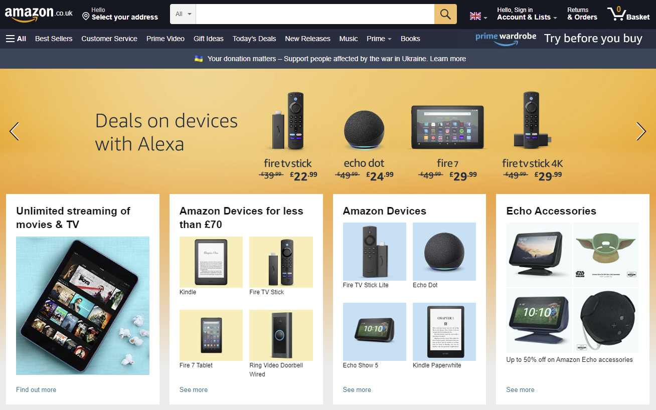 Screenshot of the Amazon UK homepage