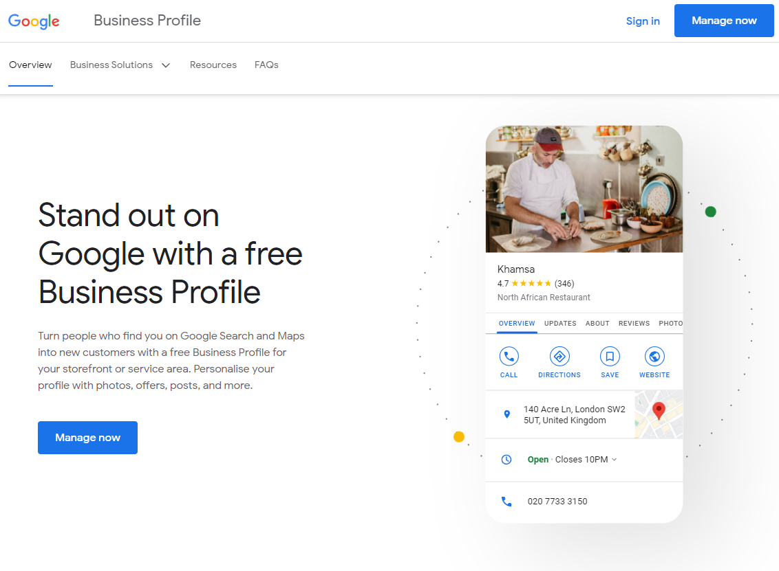 Screenshot of the Google Business Profile sign-up website