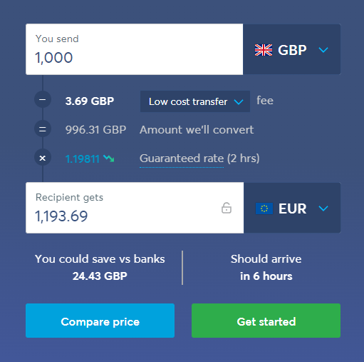 Screenshot of the Wise transfer calculator