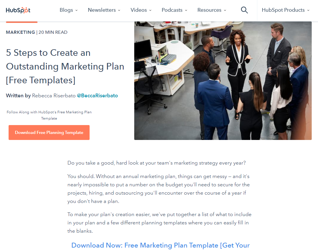 Screenshot of a hubspot blog. There is a call to action at the top and bottom of the screenshot