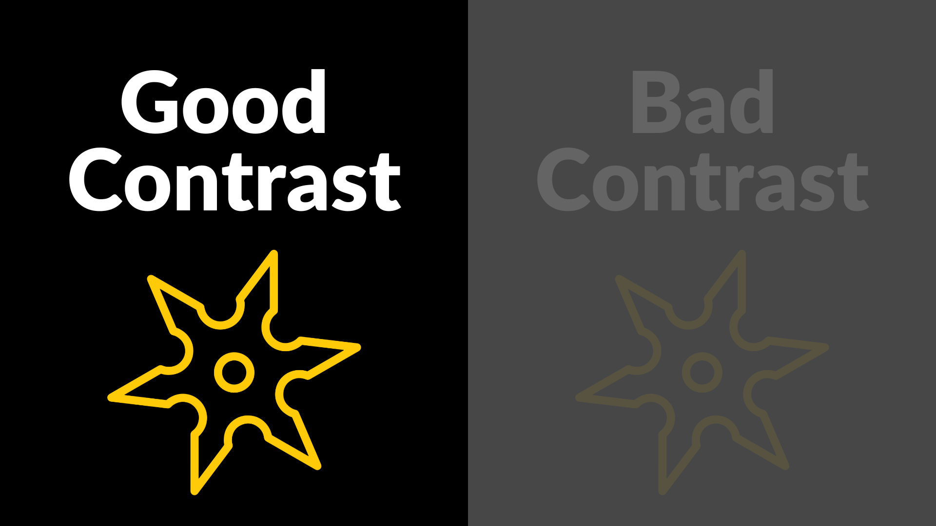 Image showing white text on a black brckground, with a yuellow shuriken. The text reads Good Contrast. The second half of the image has a grey background, light grey text and a pale yellow shuriken. The text reads Bad Contrast