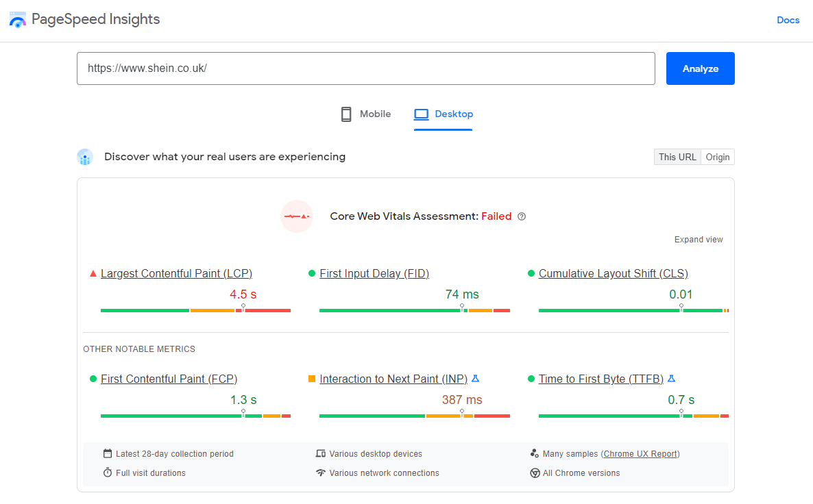 Example of desktop page speed insights