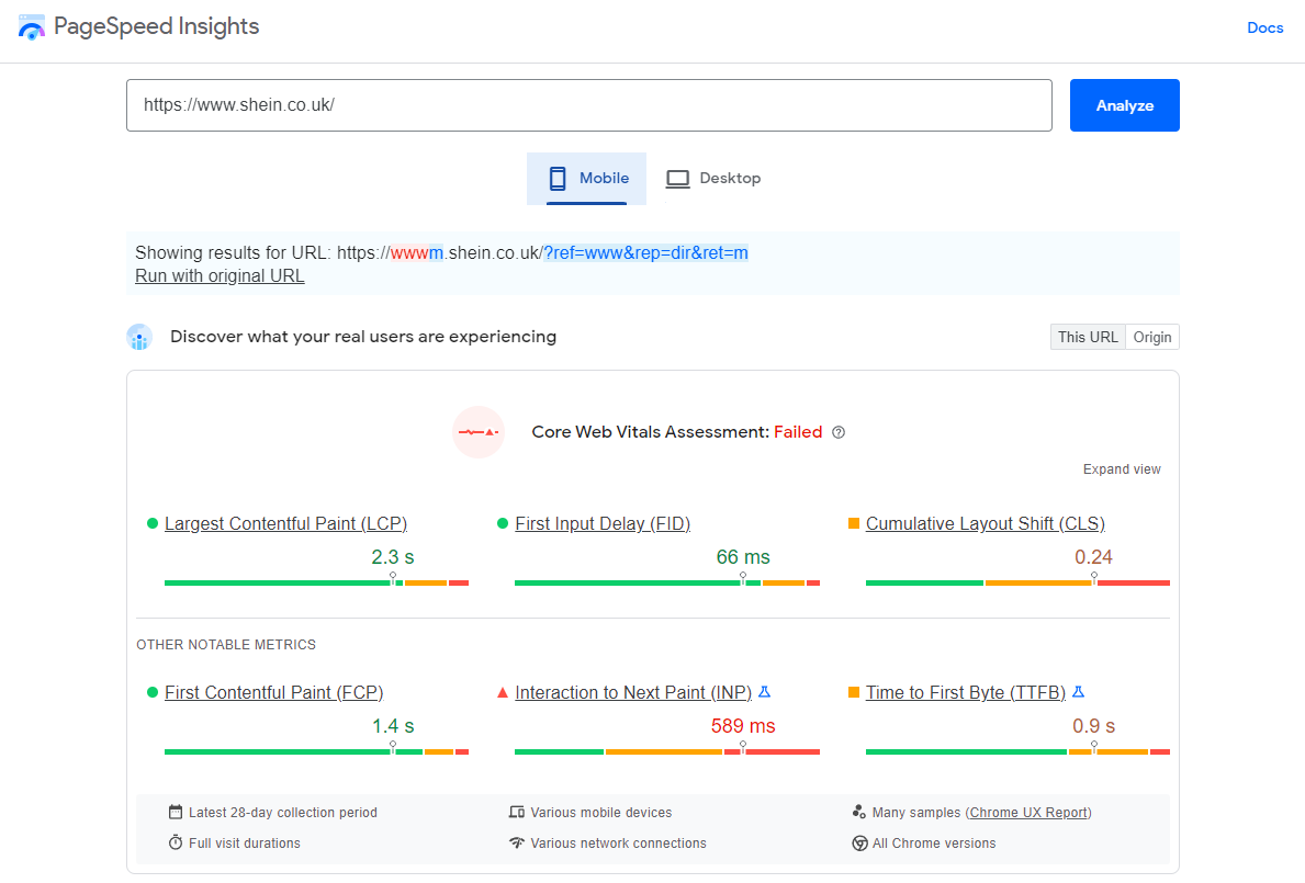 Example of page speed insights for a mobile site